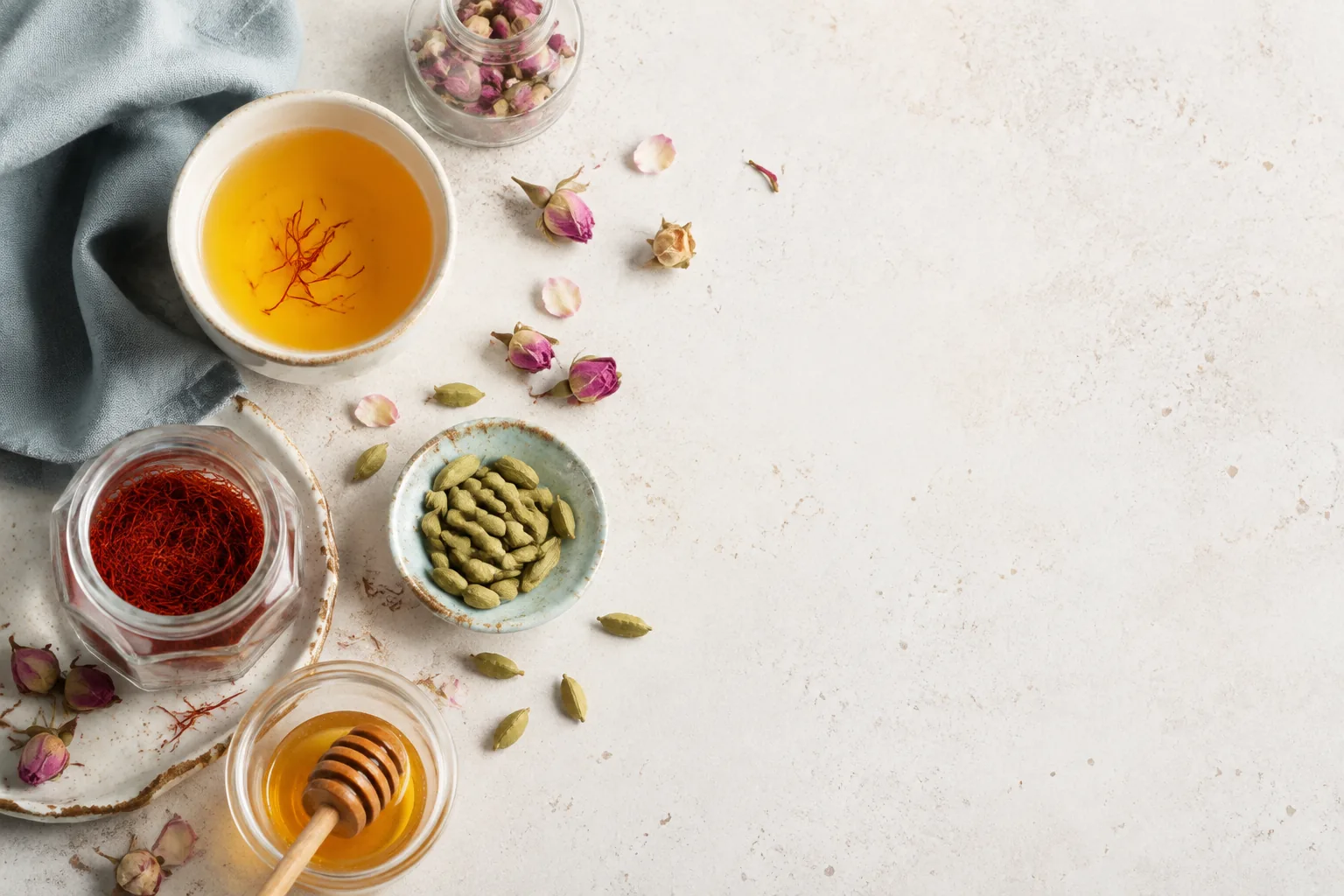 چای زعفران، هل، گل محمدی و عسل روی میز روشن