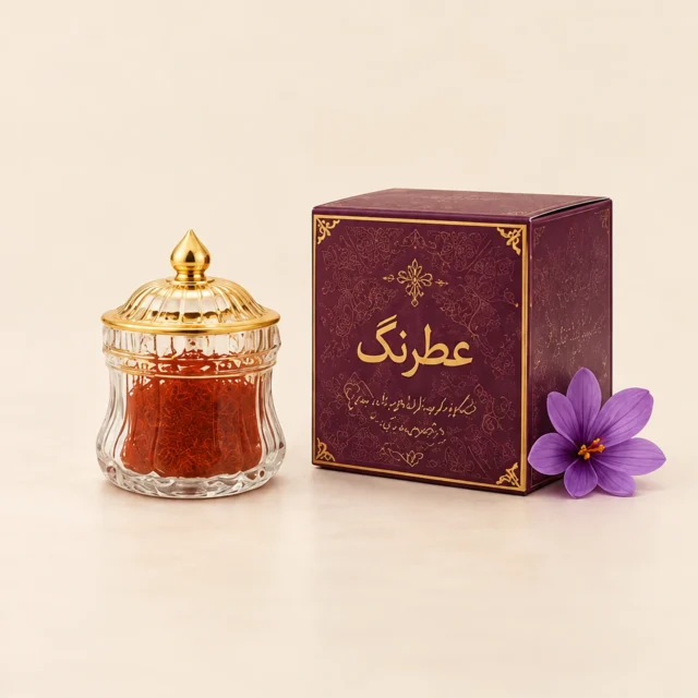 پودر زعفران اعلا + ظرف آذین (ترکیب ریشه و زعفران نگین)